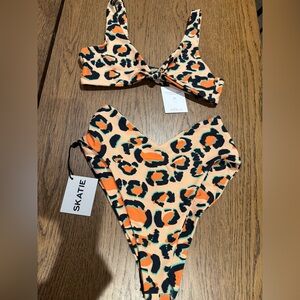Skatie Orange Black Leopard Print V-Waist Bikini